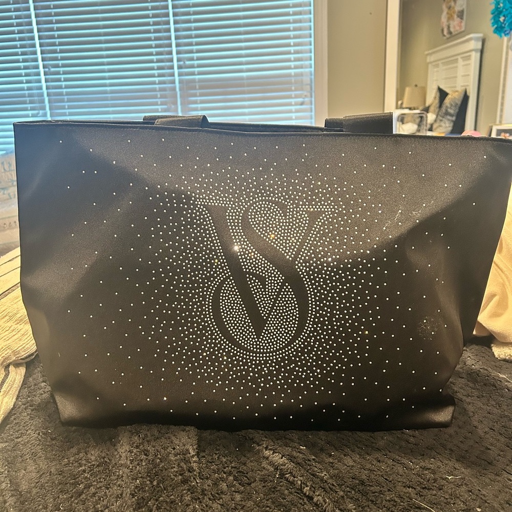 Victoria's Secret Black Tote Bag with Structured Design and Metal Hardware